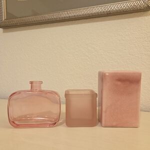 Set Of 3 Frosted Glassware Ceramic Square Vase Clear Glass Bottle In Peach Pink